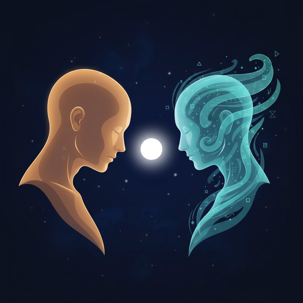 Der Moment des Dialogs – Mensch und KI, Stirn an Stirn.